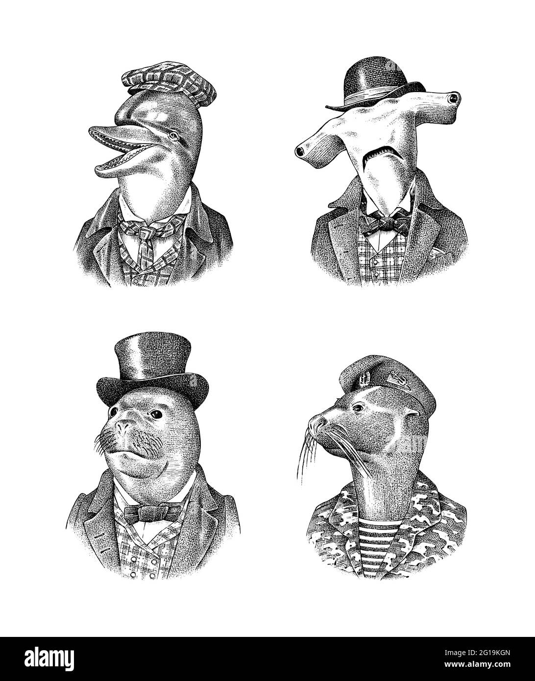 Delphin und großer Hai. Pelzrobbe Mann in Militäruniform. Modischer Tiercharakter. Handgezeichnete Skizze für und T-Shirts oder Tattoo. Marine Stock Vektor