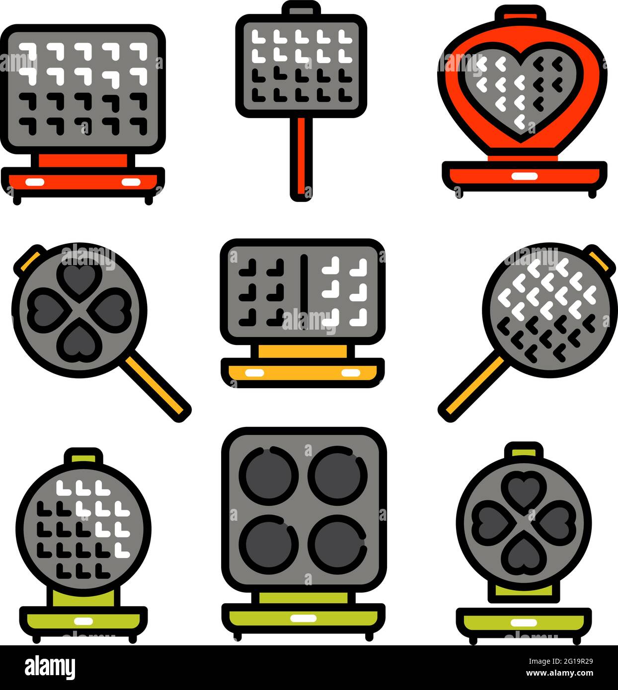 Vector-Ikonen-Set aus Waffeleisen. Farbkollektion mit Waffeleisen für die Küche in schlichtem Stil. Für Web-Design auf weißem Hintergrund isoliert. Stock Vektor