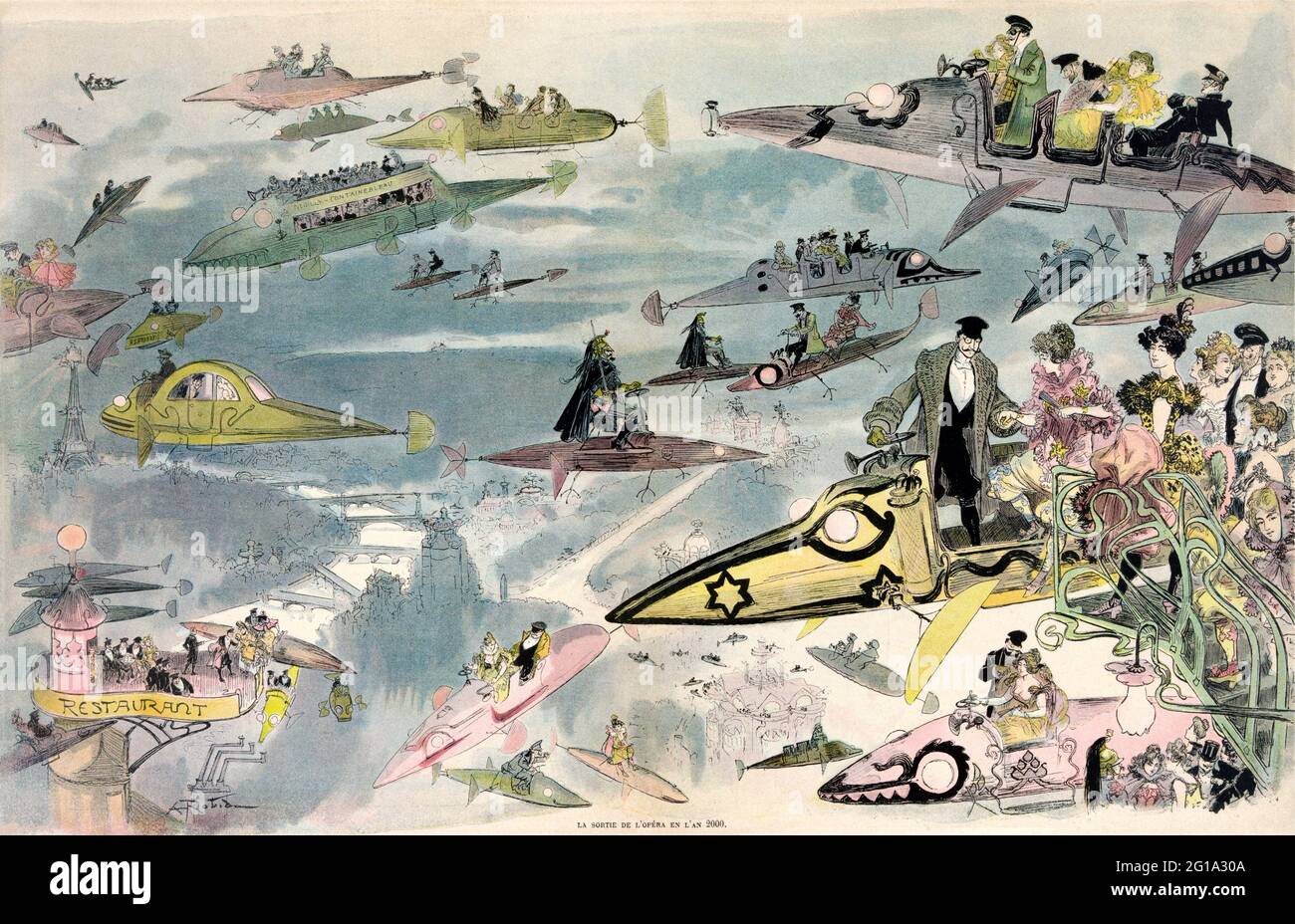 Futuristische Sicht auf Flugreisen über Paris, wenn Menschen die Oper verlassen. Viele Flugzeugtypen sind abgebildet, darunter Busse und Limousinen, Polizisten patrouillieren am Himmel, und Frauen werden gesehen, wie sie ihre eigenen Flugzeuge fahren, wie sie 1900 vorgestellt wurden. Von Albert Robida ca 1902 Stockfoto