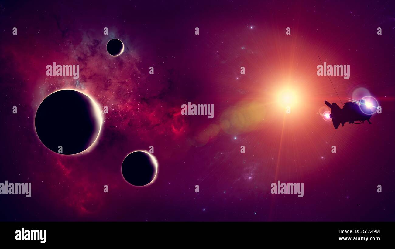 Planeten und Exoplaneten von unerforschten Galaxien. Sci-Fi. Neue Welten zu entdecken. Besiedlung und Erforschung von Nebel und Galaxien. Sonde. 3d-Rendering Stockfoto