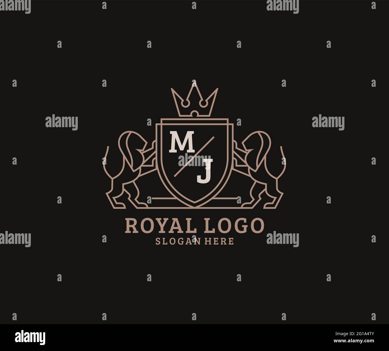 MJ Letter Lion Royal Luxury Logo Vorlage in Vektorgrafik für Restaurant, Royalty, Boutique, Cafe, Hotel, Wappentisch, Schmuck, Mode und andere Vektor il Stock Vektor