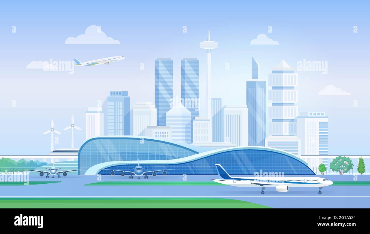 Flughafen-Terminal mit Flugzeugen, moderne Skyline-Vektor-Illustration. Cartoon Stadtpanorama Stadtbild mit Fluggesellschaften Architektur, Flugzeuge auf Start- und Landebahn, Türme von Business Wolkenkratzer Hintergrund Stock Vektor