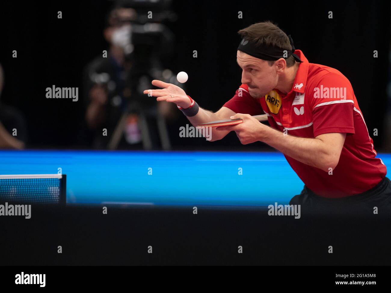 Dortmund, Deutschland. Juni 2021. Finale 2021 - Tischtennis Bundesliga Finale Borussia Düsseldorf - 1. FC Saarbrücken TT in der Helmut Körnig Halle: Düsseldorfs Timo Boll in Aktion. Quelle: Bernd Thissen/dpa/Alamy Live News Stockfoto