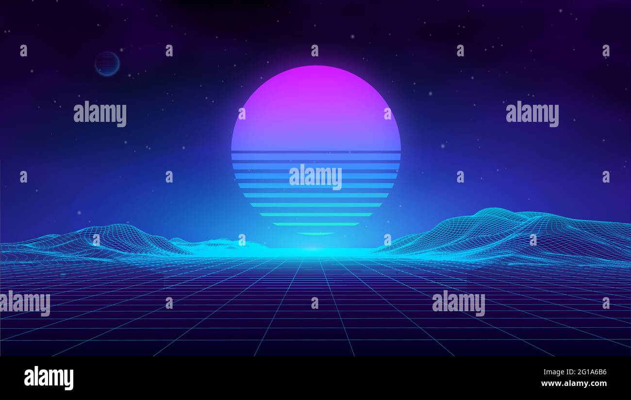 Retro Landschaft blauer Hintergrund. 3d-Vektorhintergrund. Futuristische Technologie Berglandschaft. Digitale Stadt Neon 80er Jahre Technologie Musik Hintergrund Stock Vektor