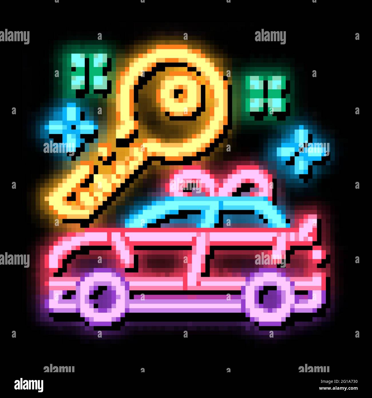 Abbildung des Leuchtsymbols für das Geschenkauto mit Neonlicht Stock Vektor