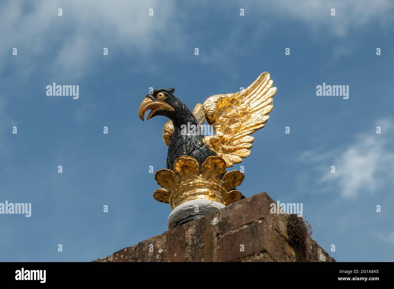 Schwarz und Gold bemalte Eisenguss-Egues an den Pfosten am Fisher Gate Eingang zum Queen's College, Cambridge, UK. https://www.queens.cam.ac.uk/vi Stockfoto