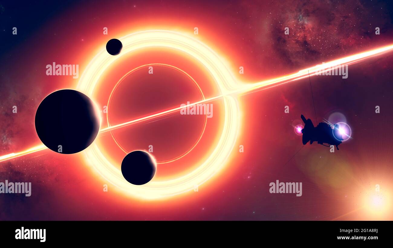 Schwarzes Loch, es ist eine Klasse von astronomischen Objekten, die Gravitationskollaps erlitten haben. Ereignishorizont. Planeten und Exoplaneten. Sondenerkundung Stockfoto
