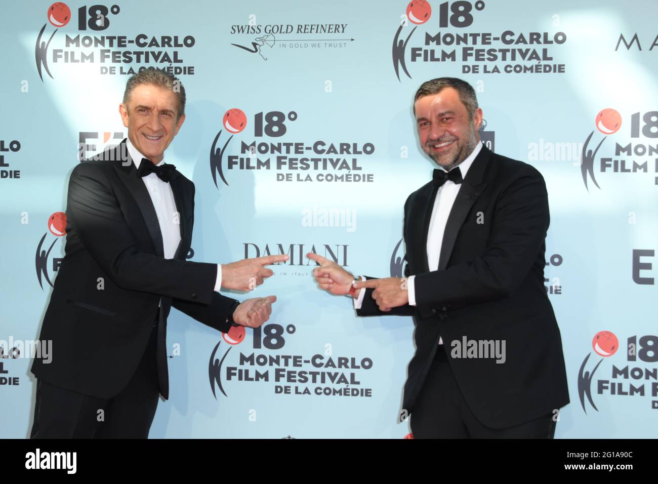 Montecarlo Film Festival - Verleihung des Red Carpet Awards. Auf dem Foto: Ezio Greggio, Giorgio Damiani Stockfoto
