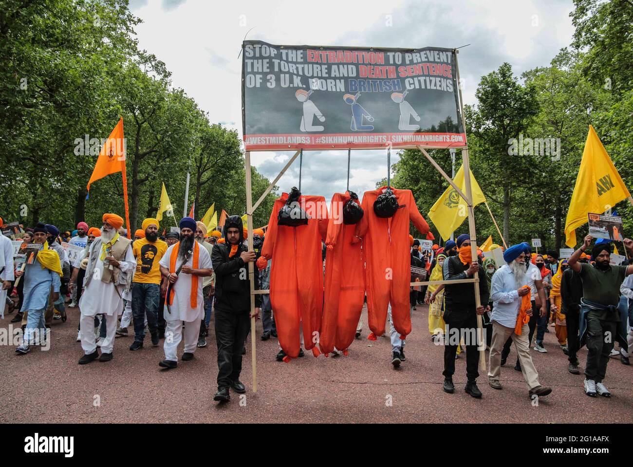 London UK 06 june 2021 Sikhs versammelten sich in Wellington Arch, um zum Trafalgar Square zu marschieren, um an das Massaker von 1984 zu erinnern und um die Unabhängigkeit zu fordern, um Khalistan, eine Sikh-Heimat, zu schaffen.Paul Quezada-Neiman/Alamy Live News Stockfoto