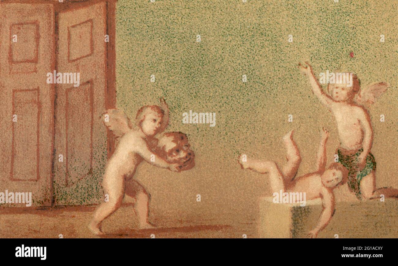 Diese 1880er-Jahre-Illustration eines Wandgemäldes, das in Pompeji aufgedeckt wurde, zeigt Kupiden, die das Spiel Coquemitaine spielen, Der Bogeyman ist eine Art mythischer Kreatur, die von Erwachsenen verwendet wird, um Kinder zu gutem Verhalten zu erschrecken. Pompeji war eine blühende und raffinierte römische Stadt, die nach dem Ausbruch des Vesuv im Jahr 79 n. Chr. unter Meter Asche und Bimsstein begraben wurde Stockfoto