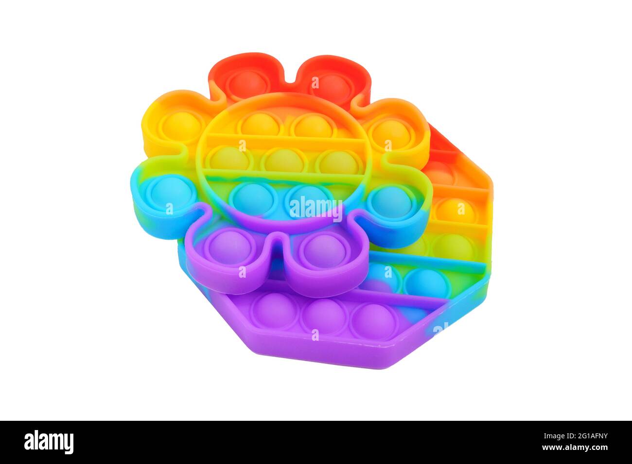 Pop it Spielzeug Silikon sensorische Anti Stress Fidget Spielzeug bunte Regenbogen Spiel. Isoliert auf weißem Hintergrund Stockfoto