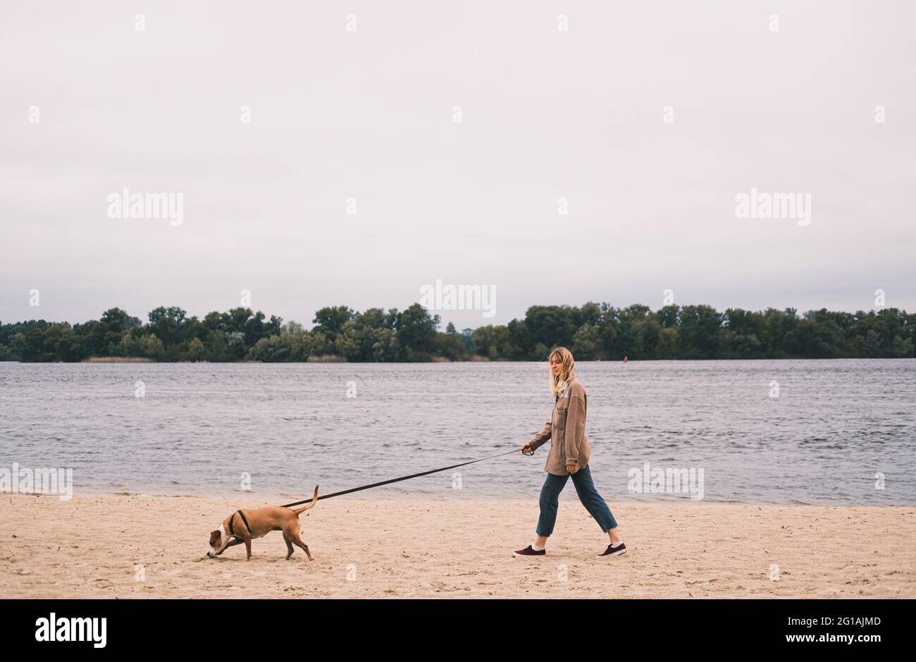 Frau geht bei düsterem Wetter am Ufer des Flusses am Sandstrand mit ihrem Hund spazieren Stockfoto