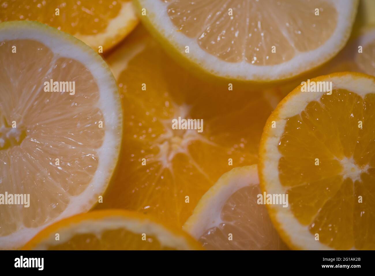 Makroaufnahme von Zitronen und Orangen Stockfoto