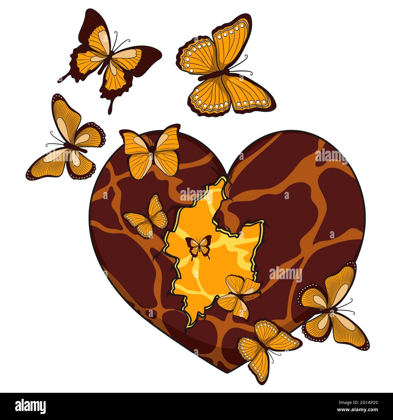 Illustration mit gebrochenem Herzen und Schmetterlingen. Stock Vektor
