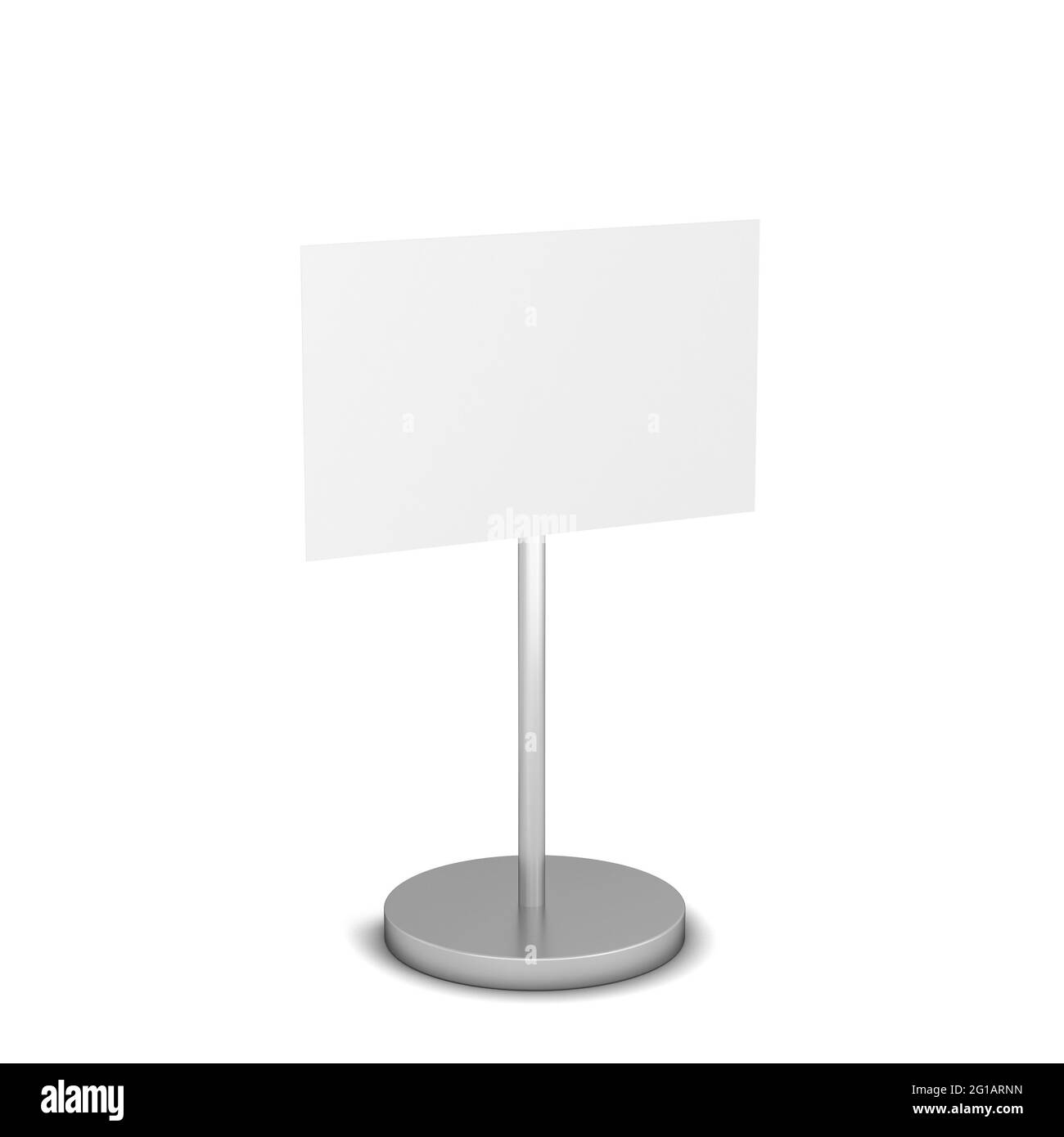Ein leeres Schild auf einem Metallständer-Modell. 3d-Illustration isoliert auf weißem Hintergrund. Einfaches Banner Stockfoto