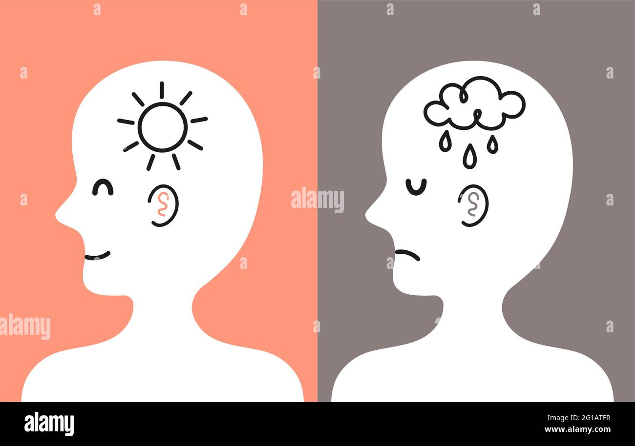 Niedlicher menschlicher Kopf im Profil mit Sonne und Regenwolke im Inneren. Gute und schlechte Laune, geistige, emotionale Zustand Konzept. Vektorgrafik Cartoon Figur Illustration Symbol. Bipolare Störung, Depressionskonzept Stock Vektor