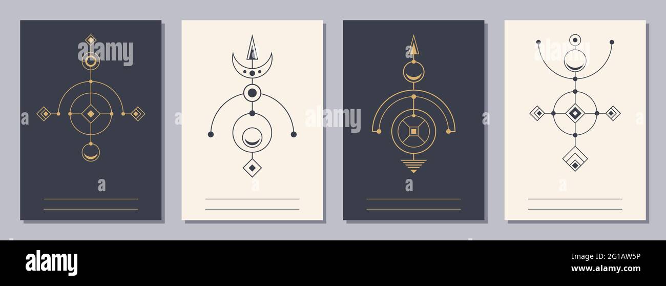 Set von Flyern, Plakaten, Plakaten, Broschüren-Design-Vorlagen im Format A6 mit geometrischen Symbolen. Symbole der Magie, Alchemie, Spiritualität, Okkultismus. Vertikal Stock Vektor