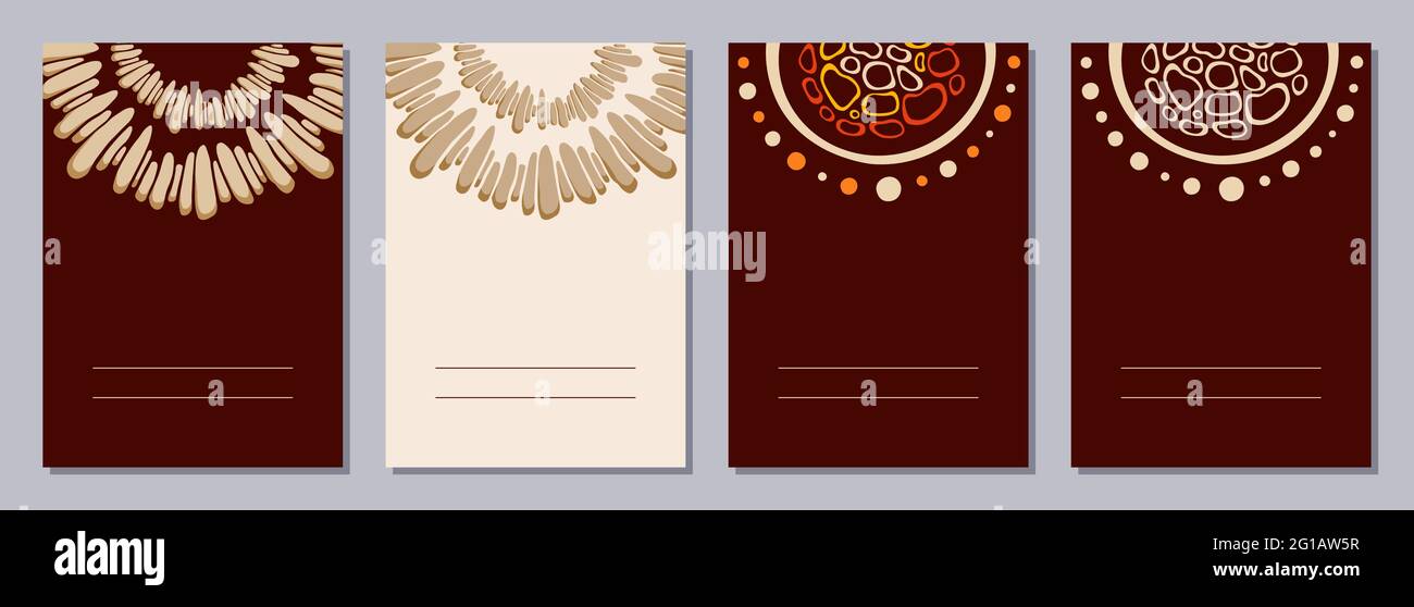 Set aus Flyern, Plakaten, Bannern, Plakaten, Prospektvorlagen im Format A6 mit stilisierter Sonne, stilisierten Steinen, Tribal-Ornamenten in rot, gelb. Stock Vektor