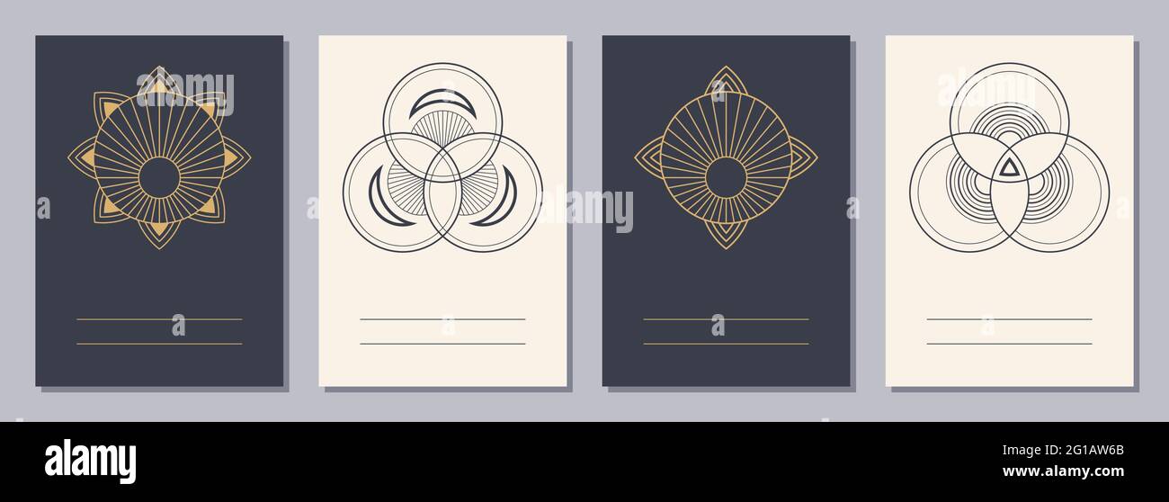 Set von Flyern, Plakaten, Plakaten, Broschüren-Design-Vorlagen im Format A6 mit geometrischen Symbolen. Symbole für Alchemie oder heilige Geometrie. Vertikale Rohlinge. Stock Vektor