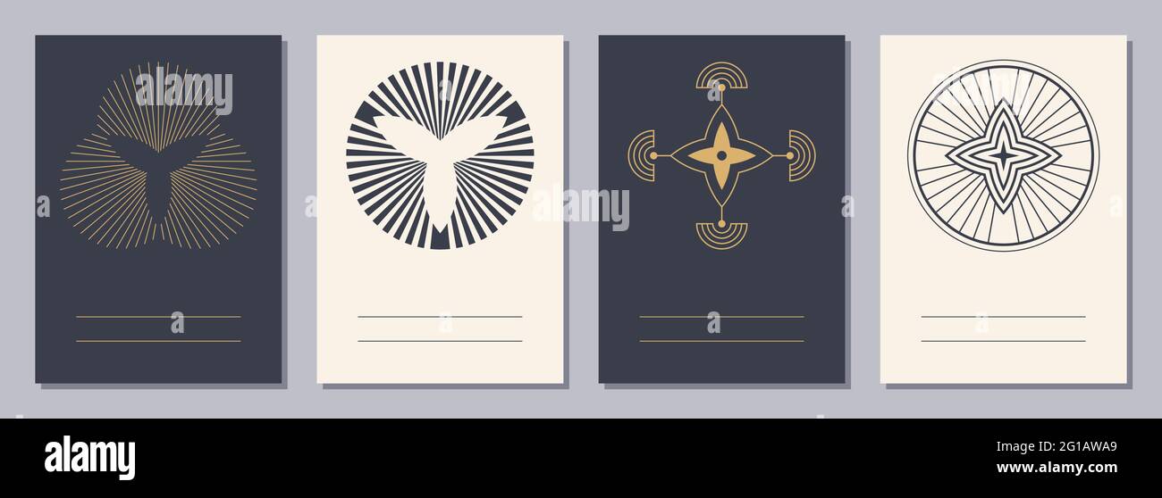 Set von Flyern, Plakaten, Plakaten, Broschüren-Design-Vorlagen im Format A6 mit geometrischen Symbolen. Heilige, esoterische Geometriesymbole. Gestreifte Formen. Vertikal Stock Vektor