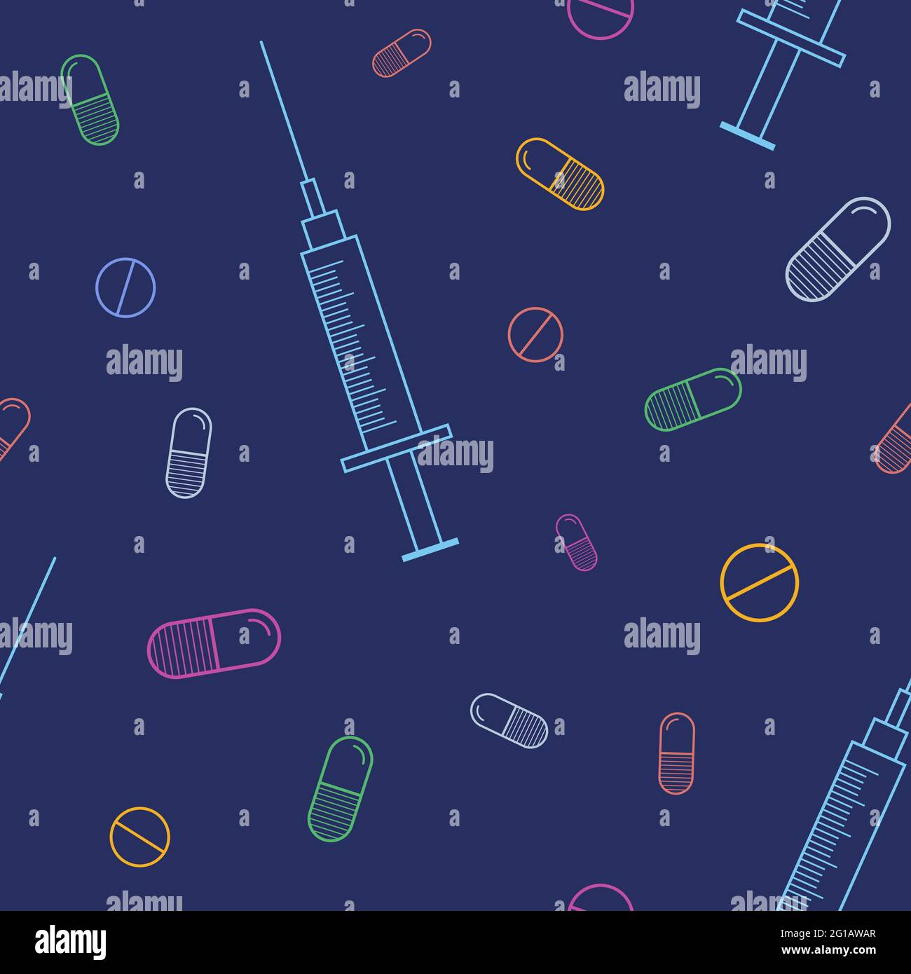 Vektor nahtloses Muster mit Farbumrandung Pillen, Tabletten, Kapseln, medizinische Spritzen, isoliert auf dunkelblauem Hintergrund. Linearer Stil. Medizinisch. Stock Vektor