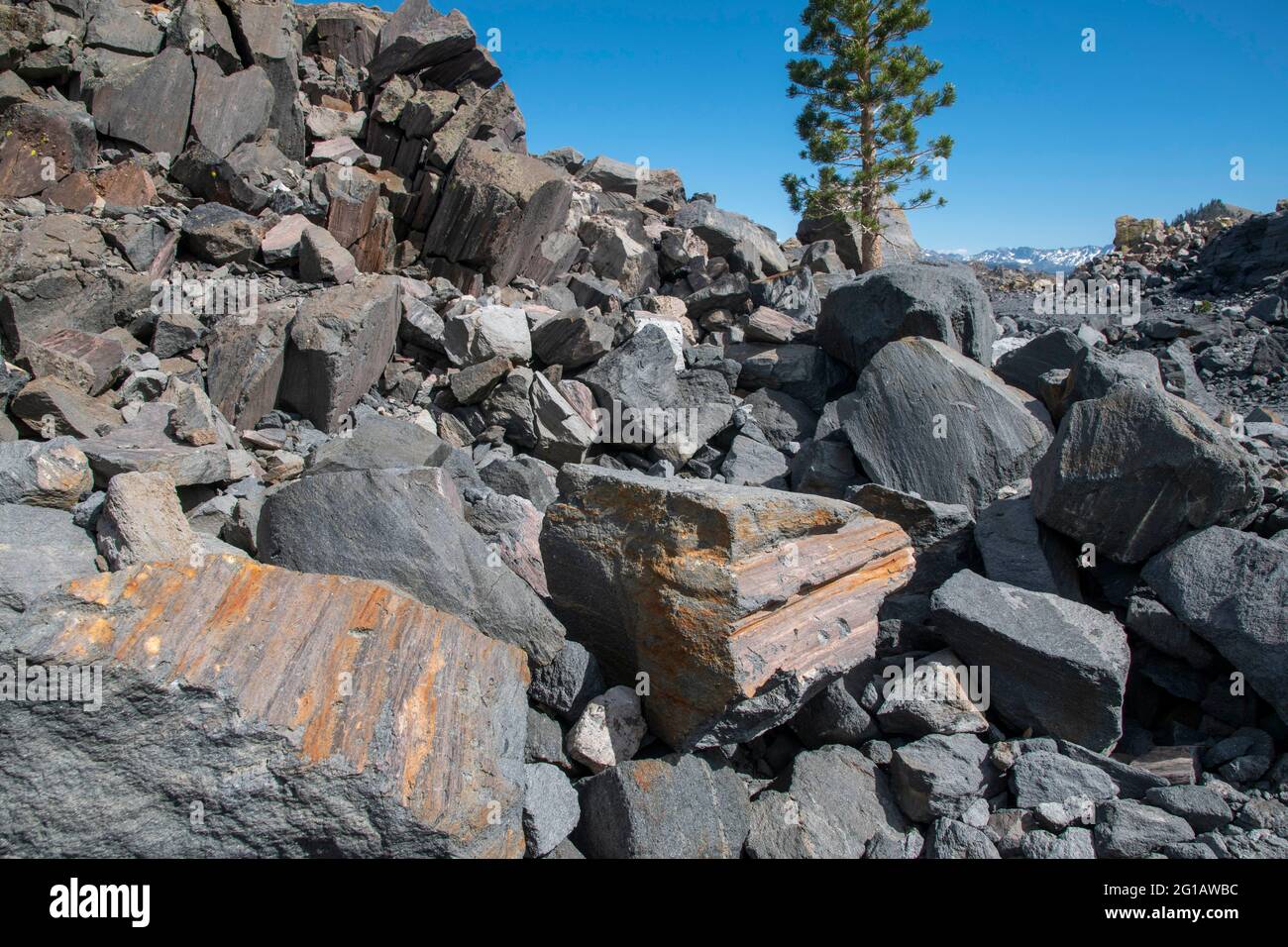 Obsidian Dome ist ein massiver Haufen glänzendem Obsidian-Gesteins in der östlichen Sierra von Mono County, CA, USA. Stockfoto