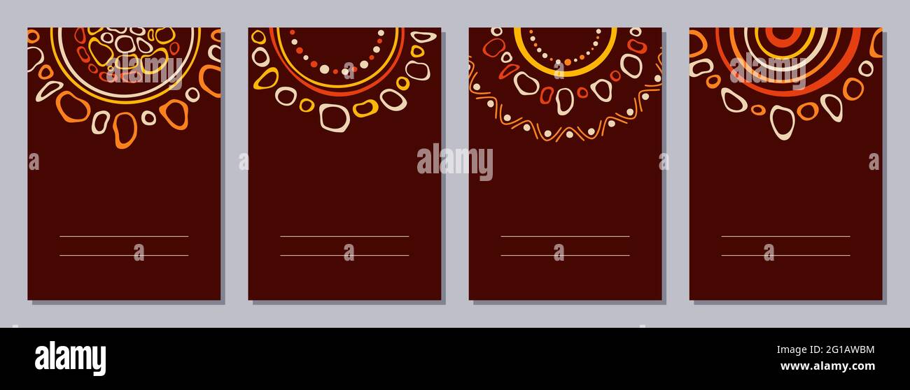 Set aus Flyern, Plakaten, Bannern, Plakaten, Prospektvorlagen im Format A6 mit stilisierter Sonne, Tribal-Ornamenten in roten, gelben, braunen, beigen Farben. Stock Vektor