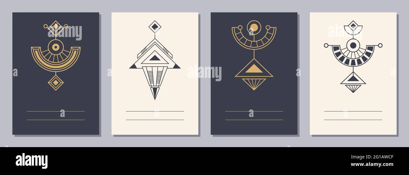 Set von Flyern, Plakaten, Plakaten, Broschüren-Design-Vorlagen im Format A6 mit geometrischen Symbolen. Symbole der Magie, Alchemie, Spiritualität, Okkultismus. Vertikal Stock Vektor