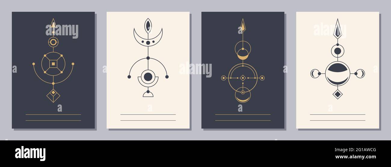 Set von Flyern, Plakaten, Plakaten, Broschüren-Design-Vorlagen im Format A6 mit geometrischen Symbolen. Symbole der Magie, Alchemie, Spiritualität, Okkultismus. Vertikal Stock Vektor