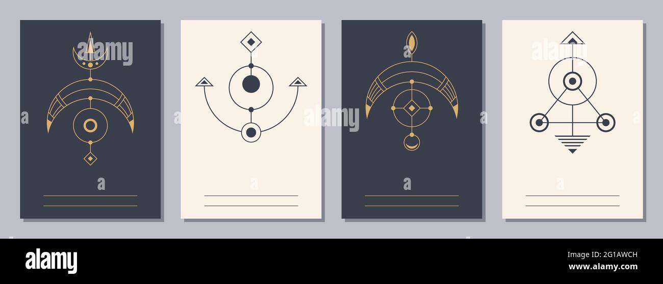Set von Flyern, Plakaten, Plakaten, Broschüren-Design-Vorlagen im Format A6 mit geometrischen Symbolen. Symbole der Magie, Alchemie, Spiritualität, Okkultismus. Vertikal Stock Vektor