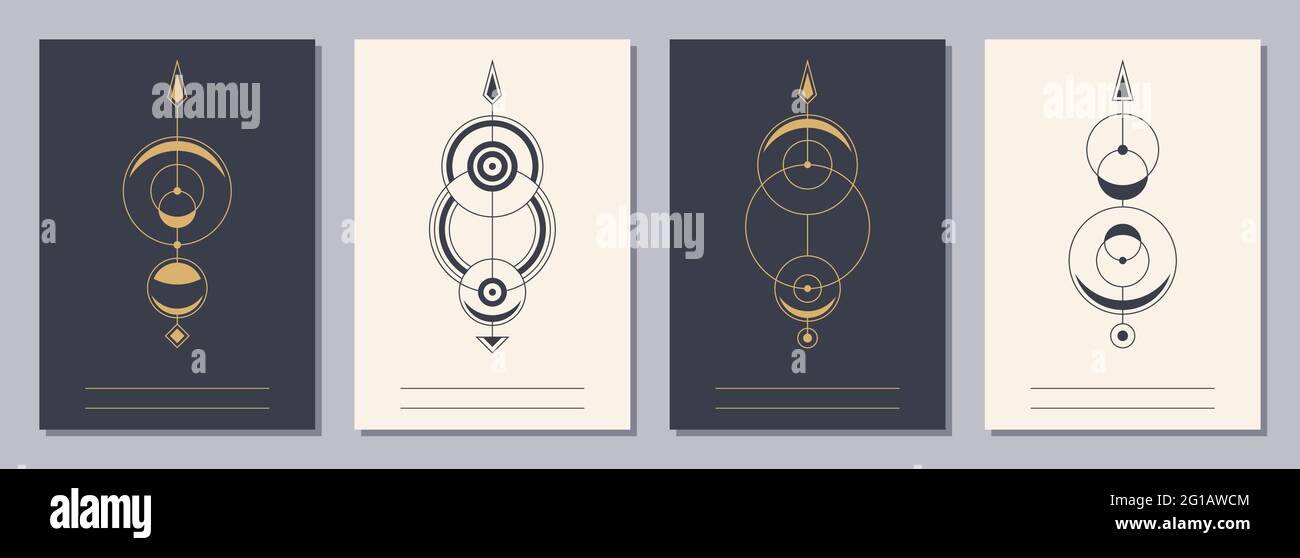 Set von Flyern, Plakaten, Plakaten, Broschüren-Design-Vorlagen im Format A6 mit geometrischen Symbolen. Symbole der Magie, Alchemie, Spiritualität, Okkultismus. Vertikal Stock Vektor