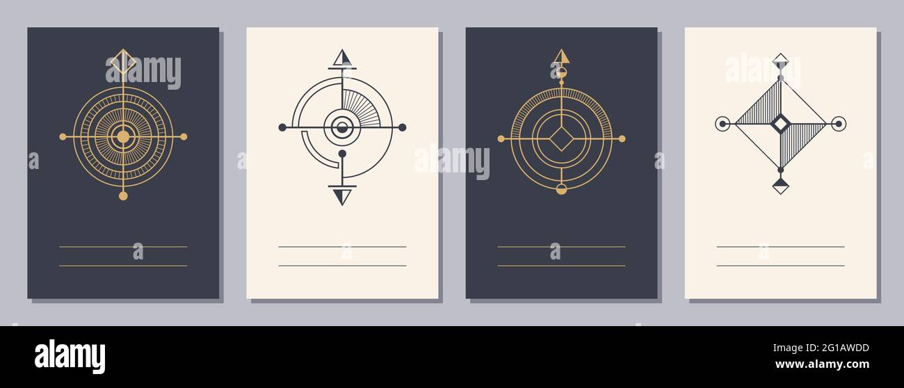 Set von Flyern, Plakaten, Plakaten, Broschüren-Design-Vorlagen im Format A6 mit geometrischen Symbolen. Symbole der Magie, Alchemie, Spiritualität, Okkultismus. Vertikal Stock Vektor