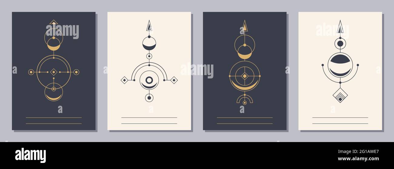 Set von Flyern, Plakaten, Plakaten, Broschüren-Design-Vorlagen im Format A6 mit geometrischen Symbolen. Symbole der Magie, Alchemie, Spiritualität, Okkultismus. Vertikal Stock Vektor