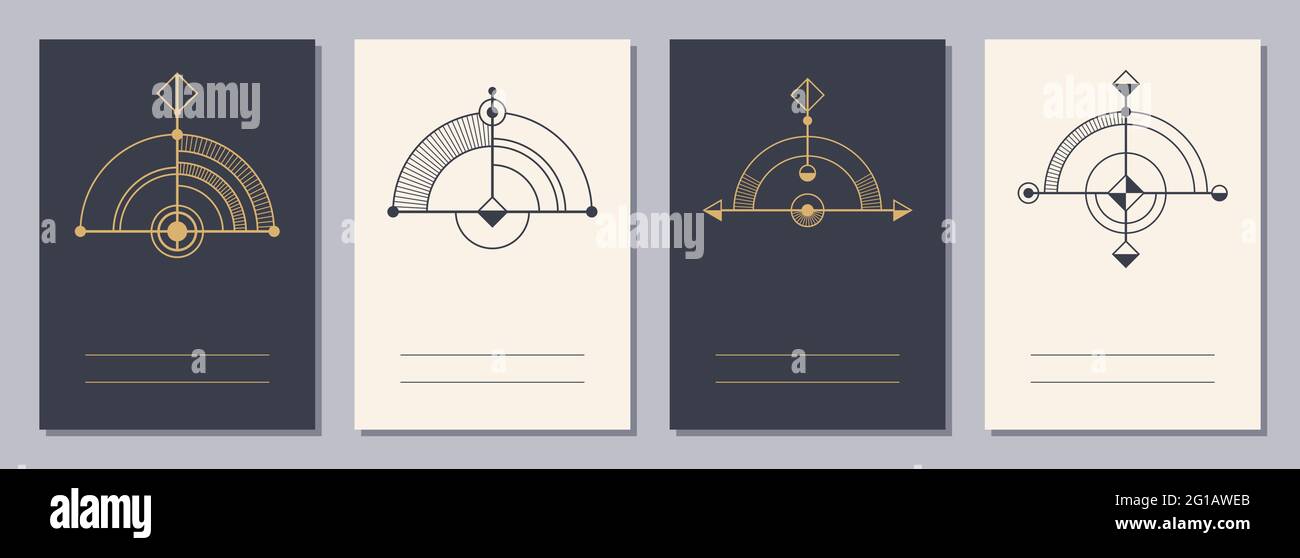 Set von Flyern, Plakaten, Plakaten, Broschüren-Design-Vorlagen im Format A6 mit geometrischen Symbolen. Symbole der Magie, Alchemie, Spiritualität, Okkultismus. Vertikal Stock Vektor