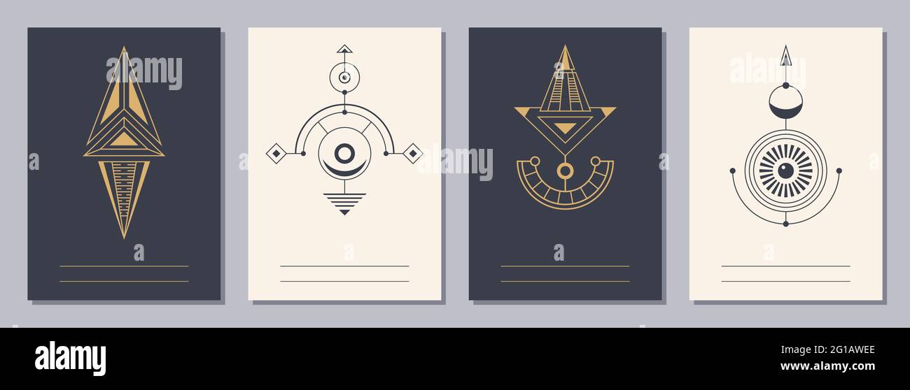 Set von Flyern, Plakaten, Plakaten, Broschüren-Design-Vorlagen im Format A6 mit geometrischen Symbolen. Symbole der Magie, Alchemie, Spiritualität, Okkultismus. Vertikal Stock Vektor