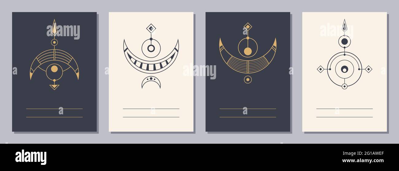 Set von Flyern, Plakaten, Plakaten, Broschüren-Design-Vorlagen im Format A6 mit geometrischen Symbolen. Symbole der Magie, Alchemie, Spiritualität, Okkultismus. Vertikal Stock Vektor