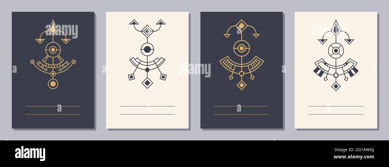 Set von Flyern, Plakaten, Plakaten, Broschüren-Design-Vorlagen im Format A6 mit geometrischen Symbolen. Symbole der Magie, Alchemie, Spiritualität, Okkultismus. Vertikal Stock Vektor