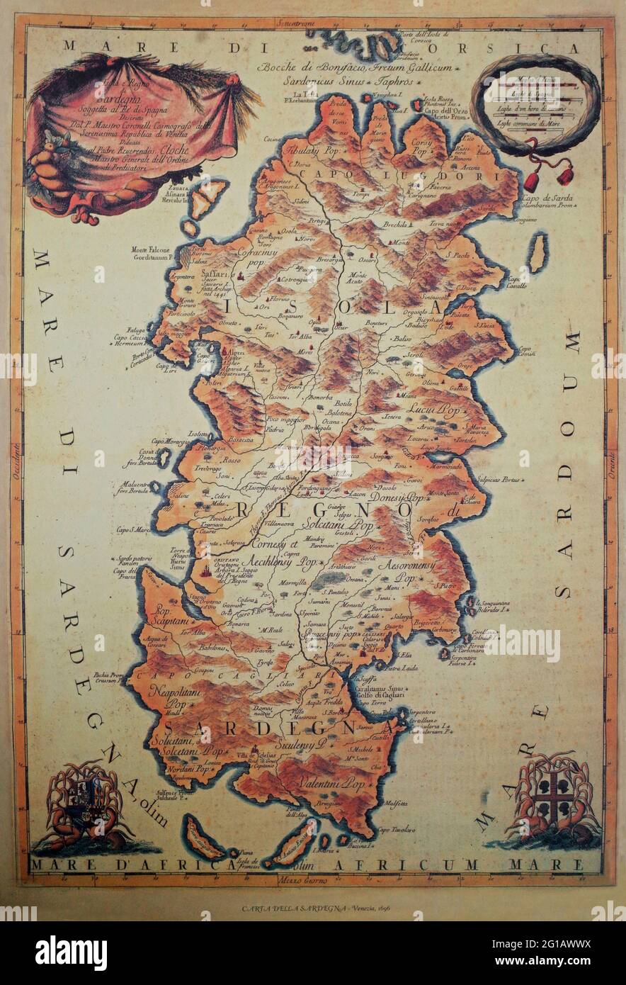 Reproduktion einer alten geographischen Karte Sardiniens, gedruckt in Venedig im Jahre 1696 Stockfoto