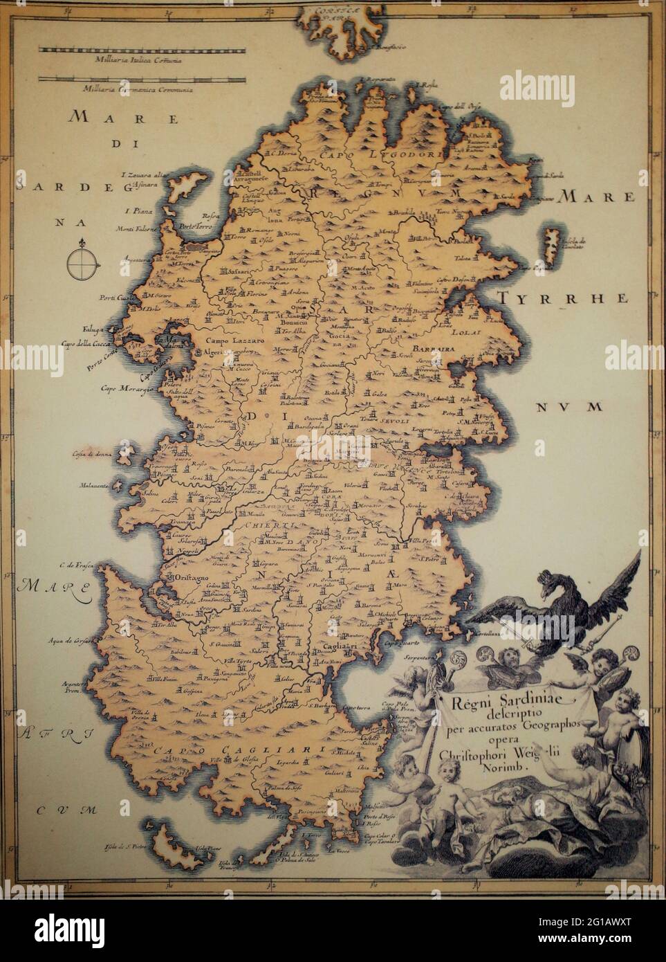 Reproduktion einer alten geographischen Karte Sardiniens, gedruckt in Nürnberg im Jahre 1712 Stockfoto