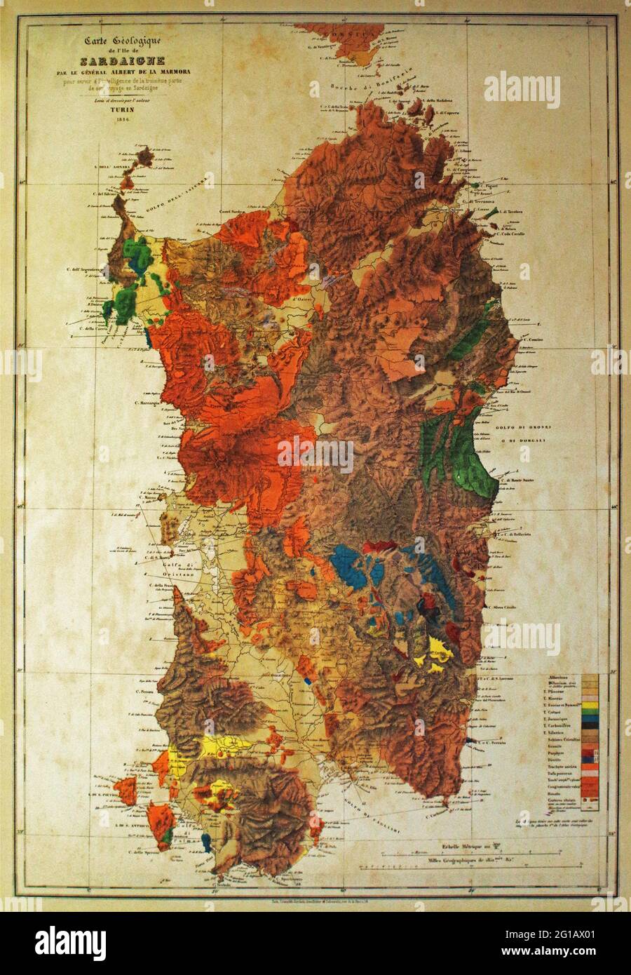 Reproduktion einer alten geographischen Karte Sardiniens von General Alberto La Marmora, gedruckt 1836 in Turin Stockfoto
