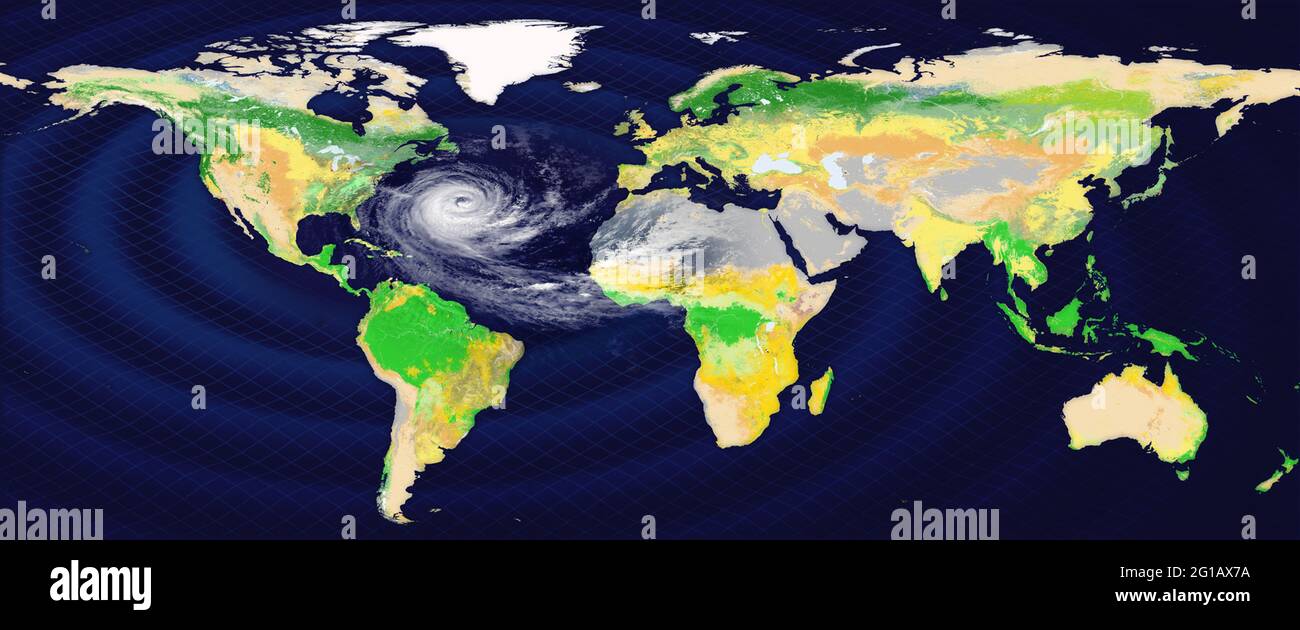 Riesiger Hurrikan im Atlantischen Ozean auf dem Atlas der Welt mit konzentrischen Kreisen aus dem Epizentrum. Die Elemente dieses Bildes, die von NA Stockfoto
