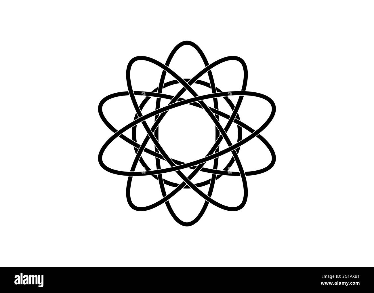 Piktogramm des Atoms. Logo-Vorlage mit schwarzer Linie im keltischen Knoten-Stil auf weißem Hintergrund. Tribal-Symbol in kreisförmiger Mandala-Form. Tattoo-Schilder Stock Vektor