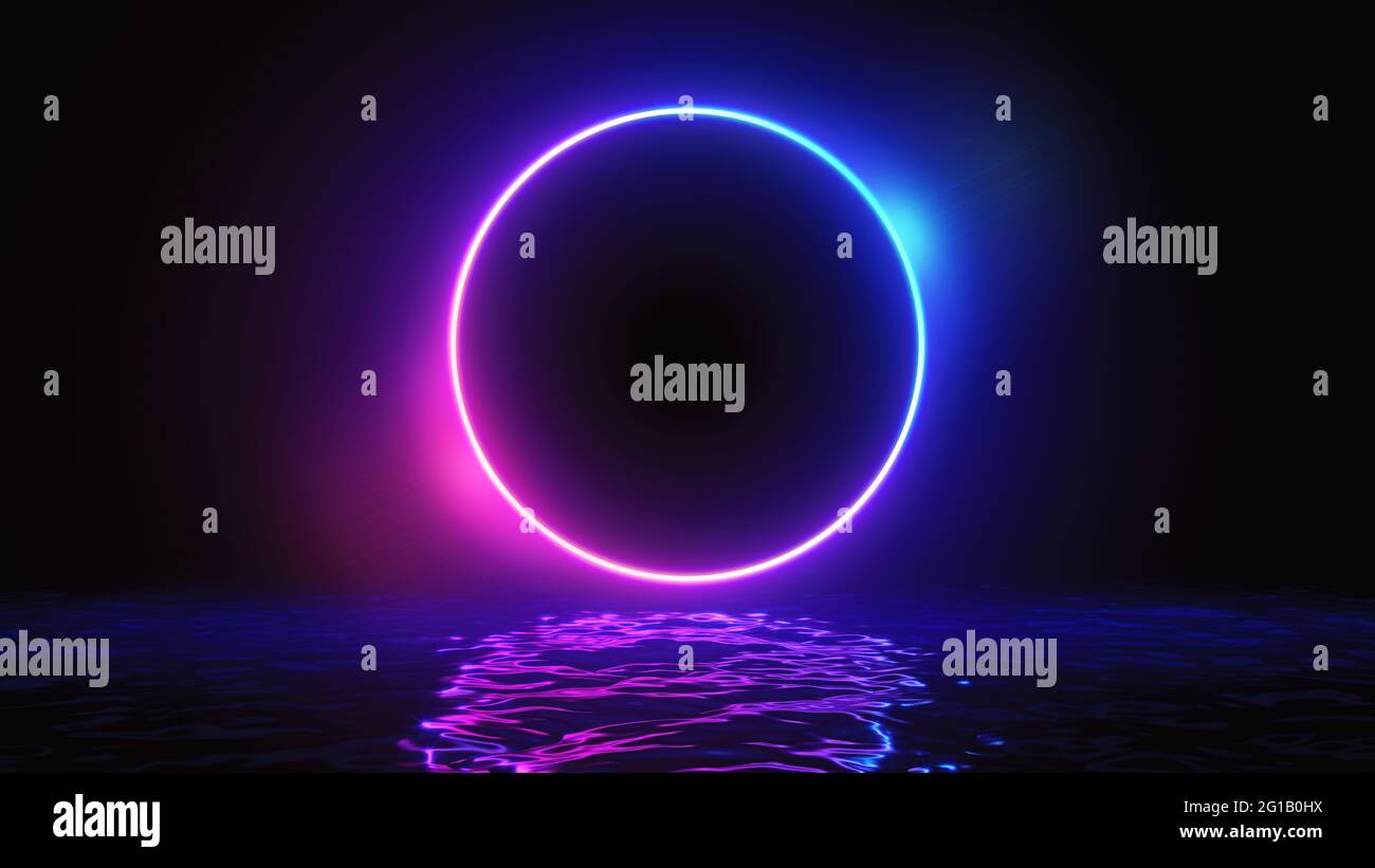 Leuchtende Neon lila Kreis Ringlinie mit Reflexionen auf Wasser, Lichter, Wellen abstrakt vintage Hintergrund, ultraviolett, Spektrum lebendige Farben, Laser Stockfoto
