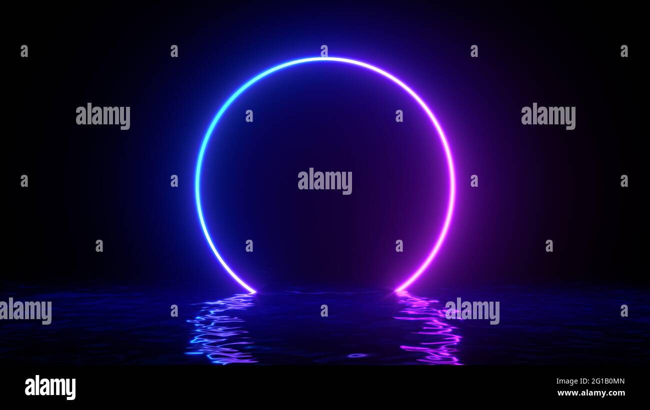 Leuchtende Neon lila Kreis Ringlinie mit Reflexionen auf Wasser, Lichter, Wellen abstrakt vintage Hintergrund, ultraviolett, Spektrum lebendige Farben, Laser Stockfoto