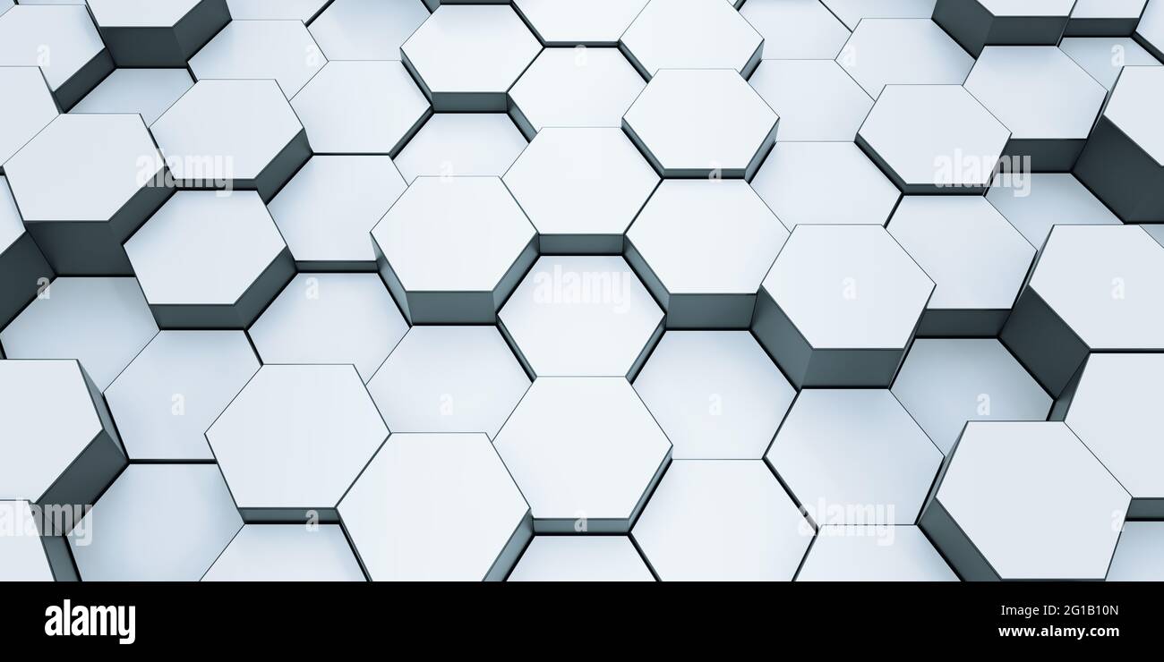 Moderne sechseckige Hintergrund Textur muster. Waben auf verschiedenen Ebenen. 3D Rendering Illustration. Futuristischen Banner. Stockfoto