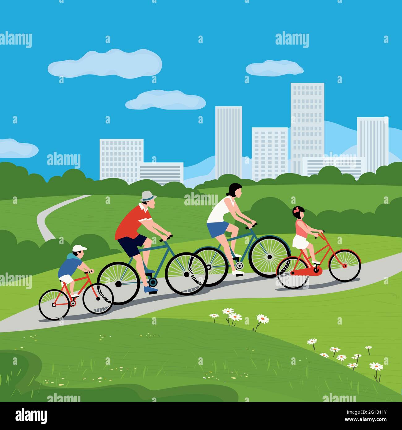 Familie zusammen Radfahren in Stadtpark Vektor-Poster Stock Vektor