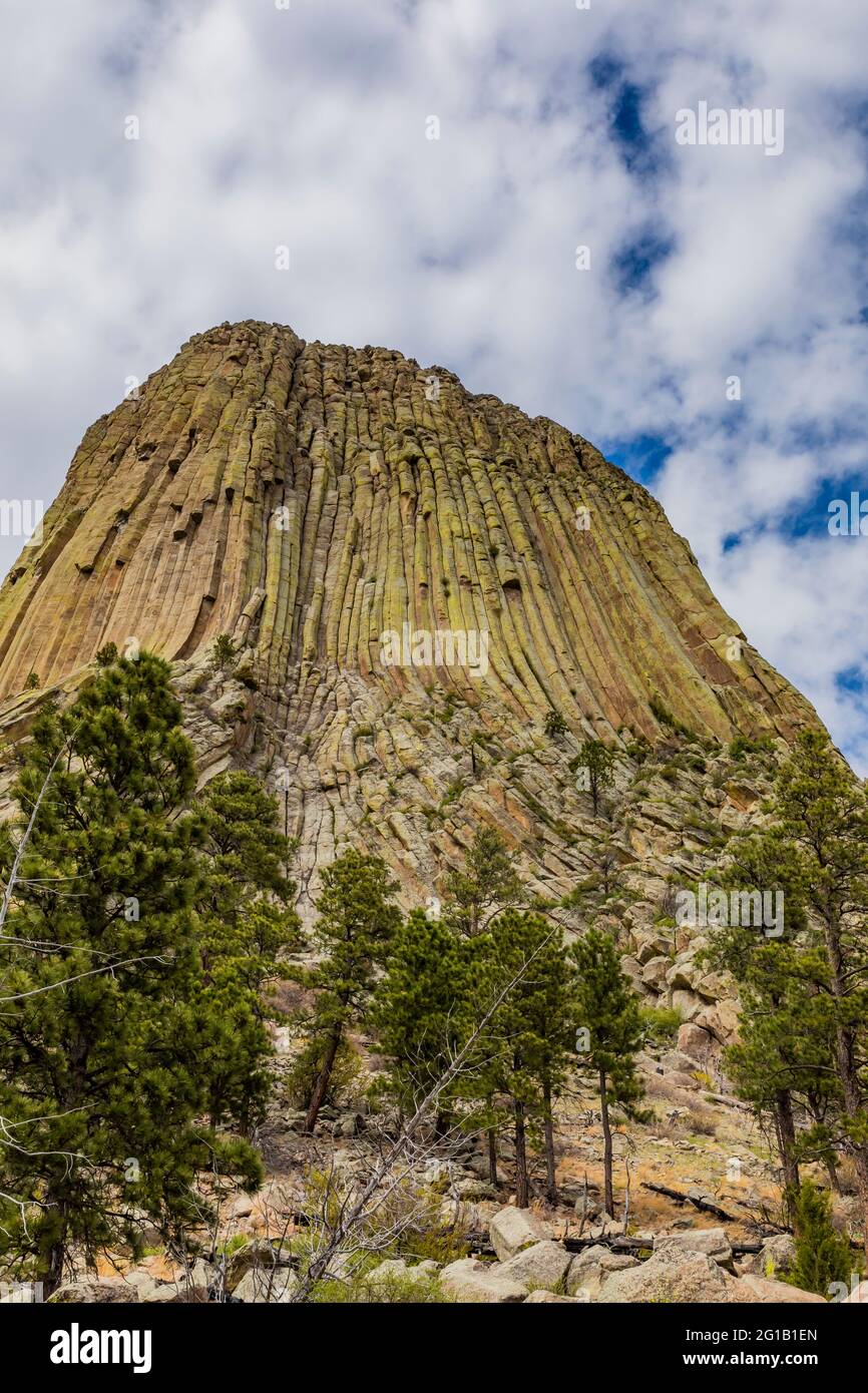 Blick auf den Devils Tower von einem Pfad, der um den Gipfel führt, Devils Tower National Monument, Wyoming, USA Stockfoto