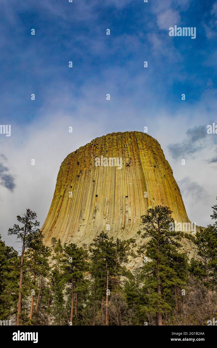 Blick auf den Devils Tower von einem Pfad, der um den Gipfel führt, Devils Tower National Monument, Wyoming, USA Stockfoto