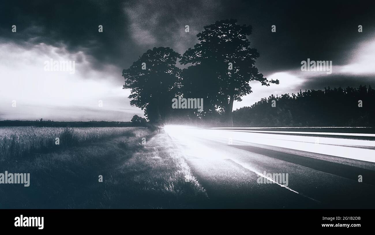 Felder und Wiesen im Morgengrauen entlang einer leeren Straße mitten im Nirgendwo - auf einer Landstraße an einem warmen Sommertag früh am Morgen. Stockfoto