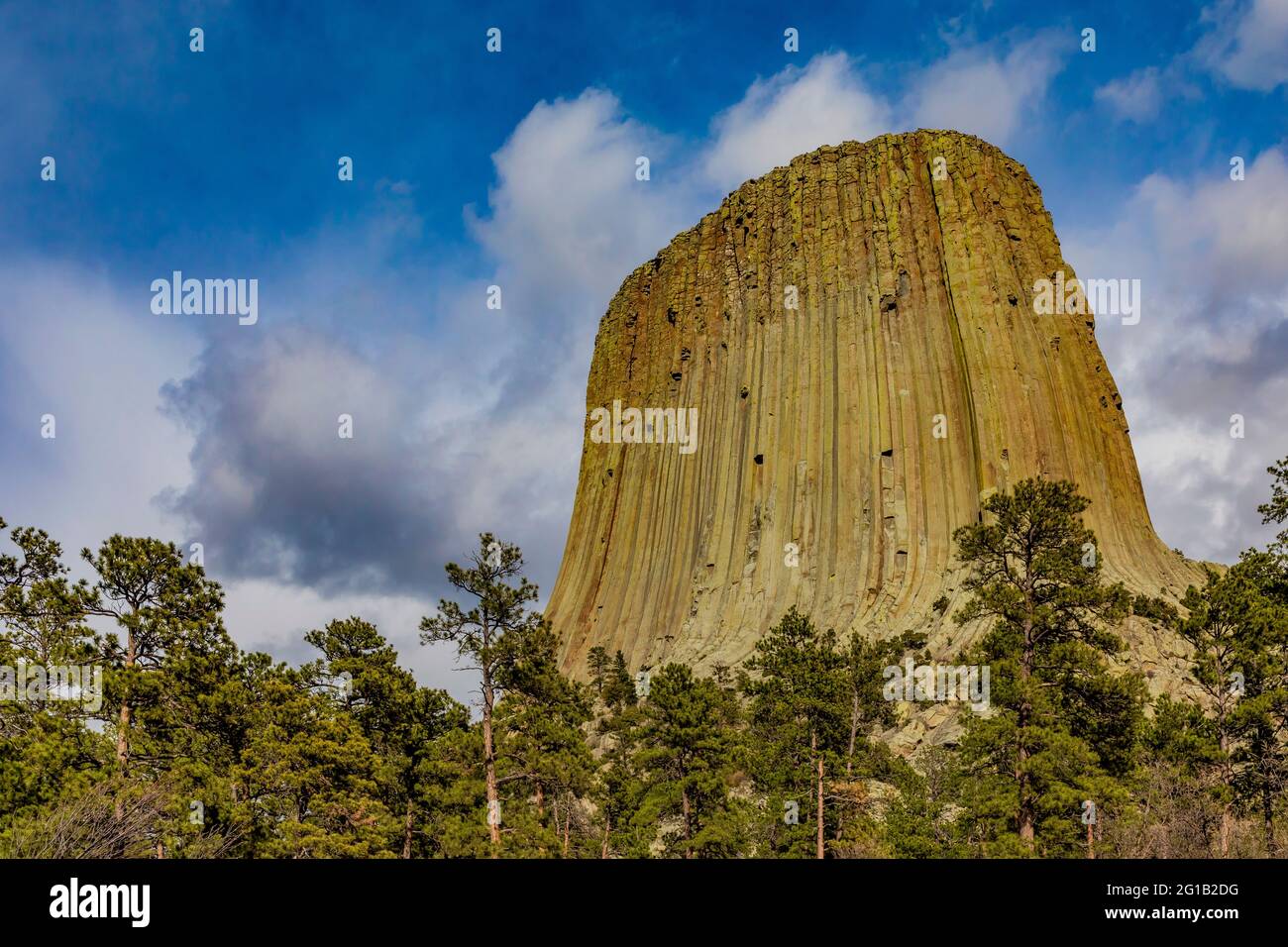 Blick auf den Devils Tower von einem Pfad, der um den Gipfel führt, Devils Tower National Monument, Wyoming, USA Stockfoto